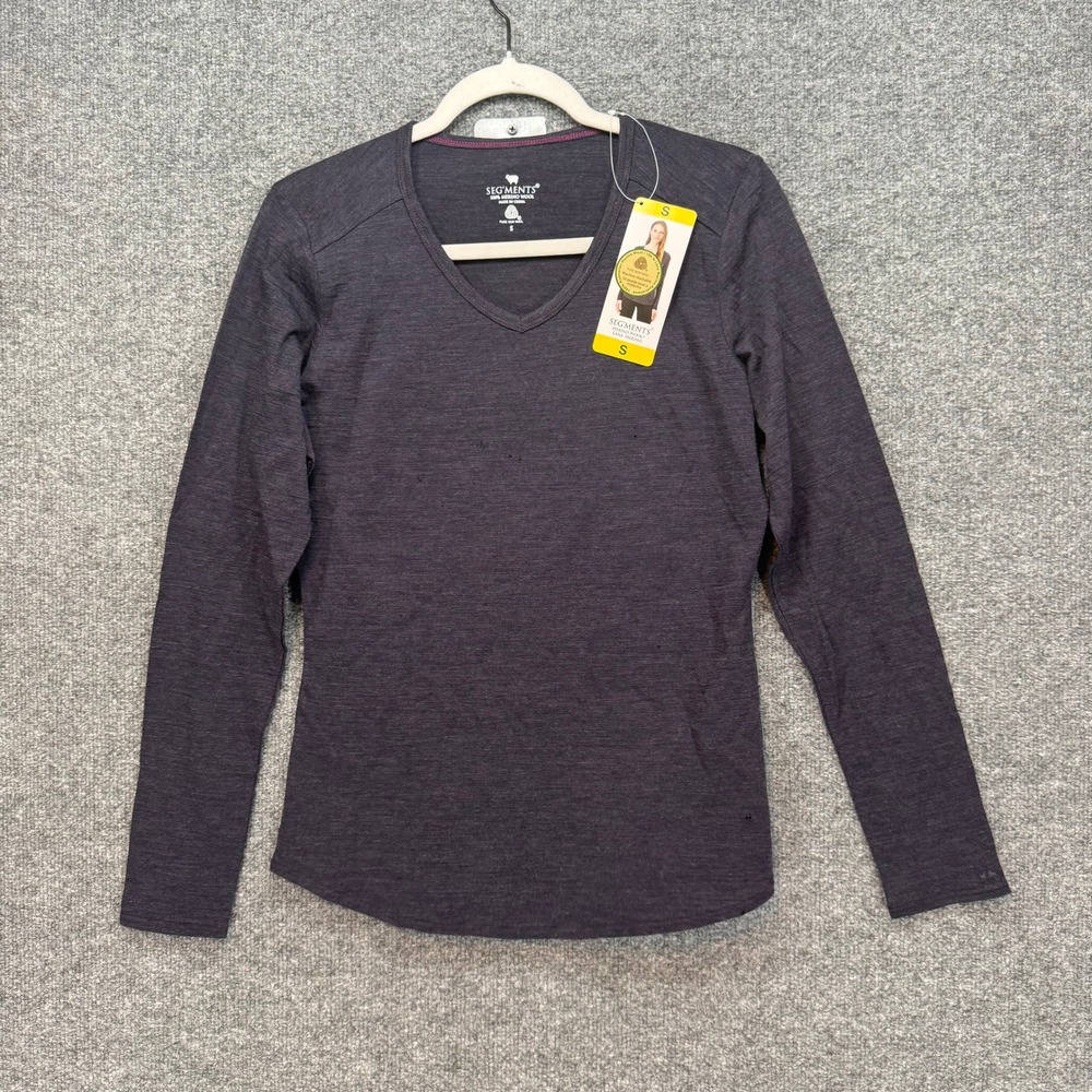 Seg'ments Merino Wool Shirt Womens Small Dark Purple Vneck Tshirt Long Slv NEW